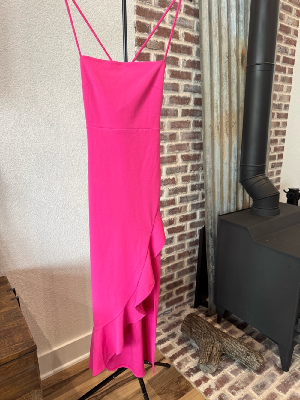 Spaghetti-Strap Ruffle-Hem Slit Dress in Hot Pink
